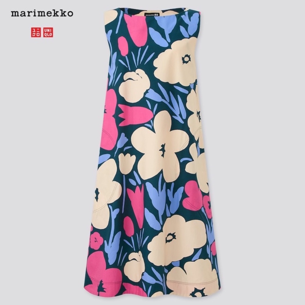 Marimekko Navy Blue Floral Midi Dress with Cream & Pink Accents